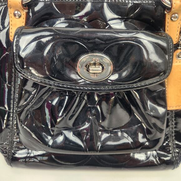 Coach Black Patent Leather Purse Handbag 11" x 7" Monogrammed Embossed C - Picture 2 of 9